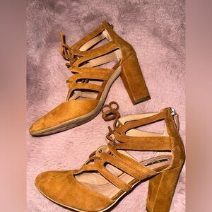 Halogen brown leather lace up block heel round toe heels sz 9 fall boho
